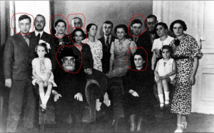 Hava and David Pizyc, my paternal great-grandparents with their children and some of the grand-children. Those circled in red did not survive the Holocaust. 